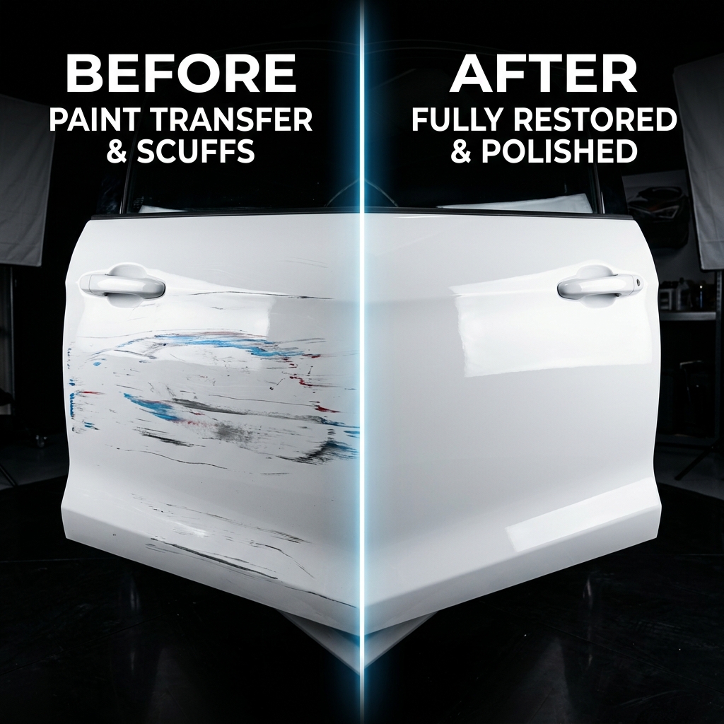 Before and after paint transfer removal on a white vehicle